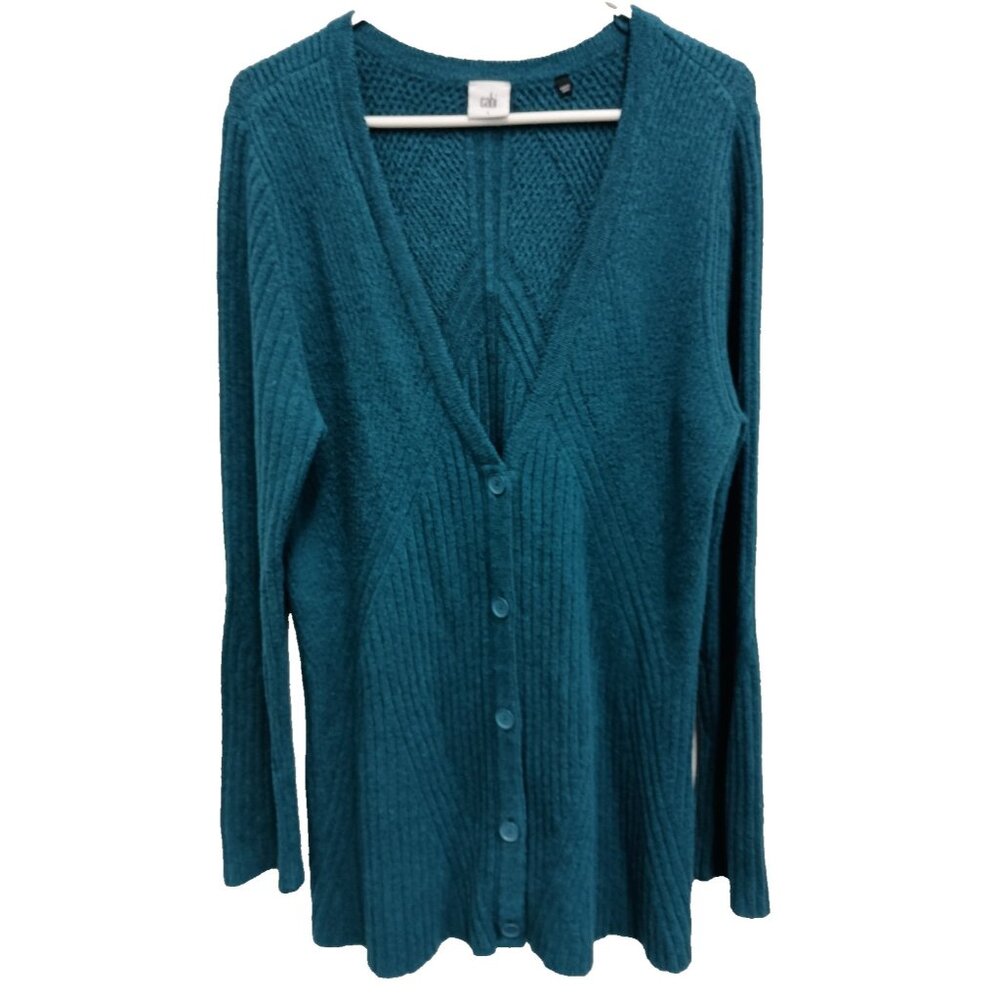 Cabi Deco Cardigan Womens Large Teal Textured Button Front Preppy Casual #3712